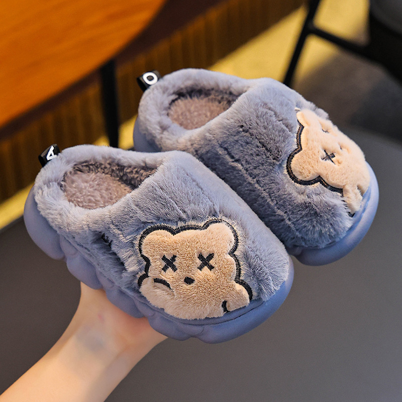 Детски памучни пантофи с горна част от заешка козина, зимни, унисекс, PVC подметка, против подхлъзване, животински принт, за възраст 1–16 години
