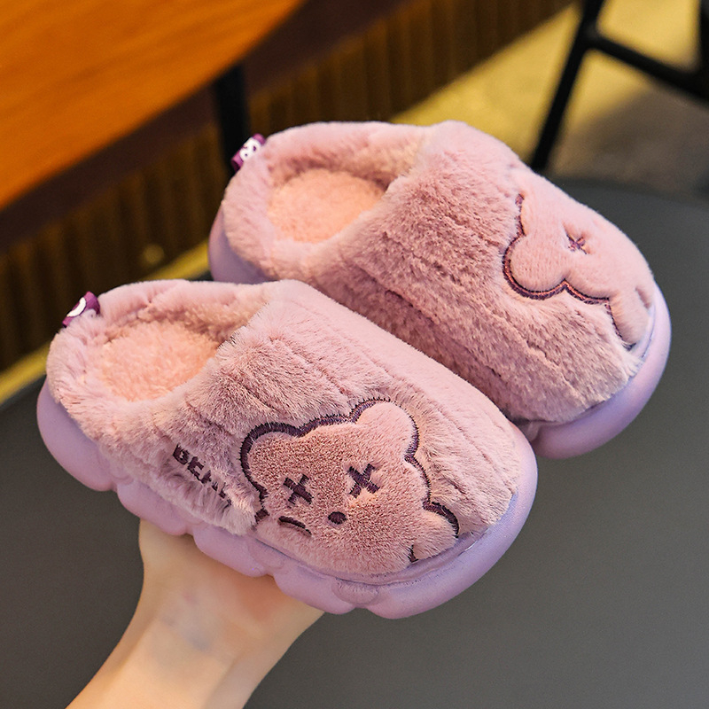 Детски памучни пантофи с горна част от заешка козина, зимни, унисекс, PVC подметка, против подхлъзване, животински принт, за възраст 1–16 години