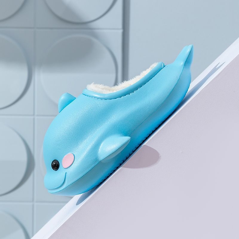 EVA gyerekeknek beltéri papucs plüss béléssel, Delfin motívum, vízálló és csúszásmentes EVA talppal
