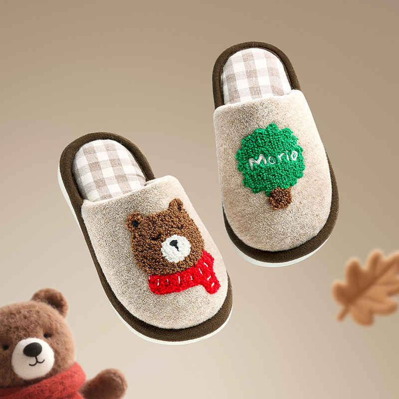 Детски ленени пантофи – унисекс, карикатурен животински принт, EVA подметка, запазват топлината (4–16 години)