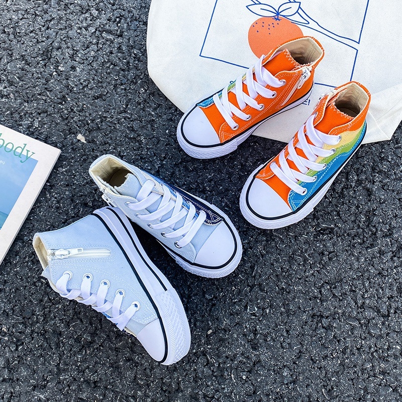 Gyerekeknek való vászon tornacipő koreai stílusban, középmagas fazon, oldalsó cipzár, vulkanizált gumi talp, EVA talpbetét