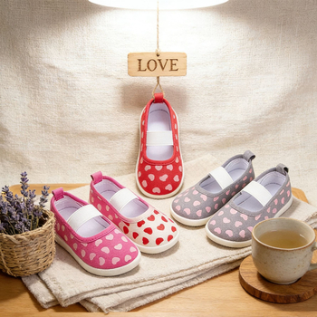 Lányoknak szóló vászon cipő szív mintával, elasztikus pántos felvétel, TPR talp, EVA talpbetét, csúszásgátló
