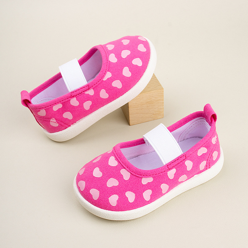 Lányoknak szóló vászon cipő szív mintával, elasztikus pántos felvétel, TPR talp, EVA talpbetét, csúszásgátló