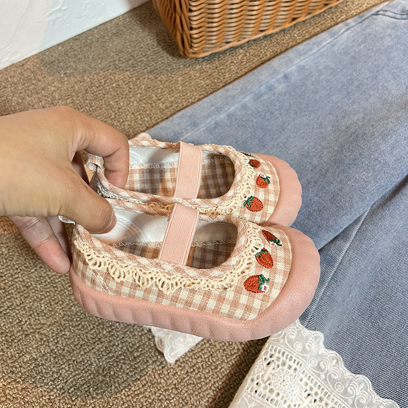 Auduma apavi zīdaiņiem 12-36 mēnešu vecumā, korejiskais stils, retro mežģīņu ar režģa rakstu, zems augšdaļa, pretslidējoša un izturīga zole