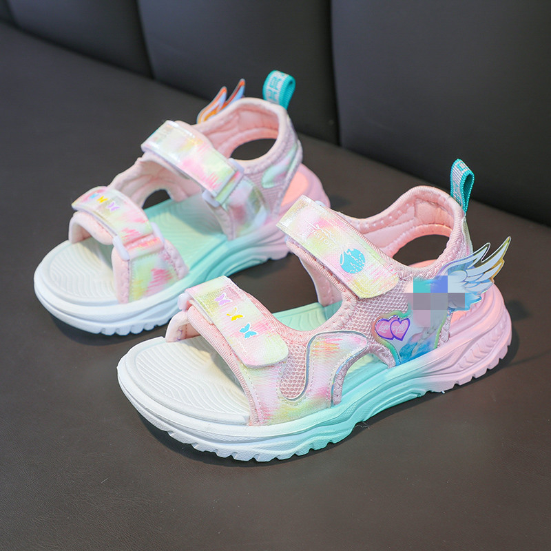 Meitenēm vasaras sandales ar karikatūras spārnu princeses motīvu – Velcro aizdare, augšpuse PU + sietveida materiāls, mīksta zole