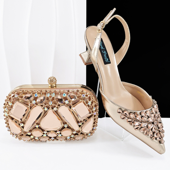 QueenYan Set clutch oglindă cu diamante și pantofi cu toc pentru femei — vârf ascuțit, partea superioară PU, toc 6–8 cm, talpă din cauciuc