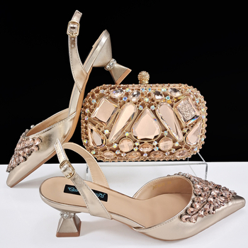 QueenYan Set clutch oglindă cu diamante și pantofi cu toc pentru femei — vârf ascuțit, partea superioară PU, toc 6–8 cm, talpă din cauciuc