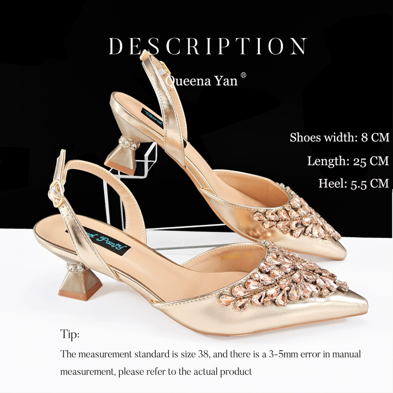 QueenYan Set clutch oglindă cu diamante și pantofi cu toc pentru femei — vârf ascuțit, partea superioară PU, toc 6–8 cm, talpă din cauciuc