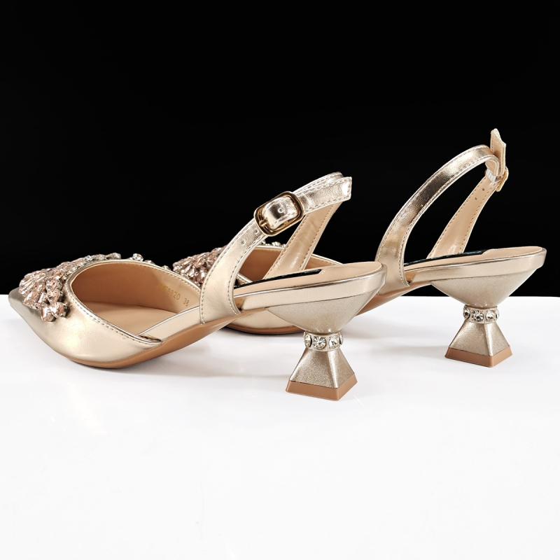 QueenYan Set clutch oglindă cu diamante și pantofi cu toc pentru femei — vârf ascuțit, partea superioară PU, toc 6–8 cm, talpă din cauciuc