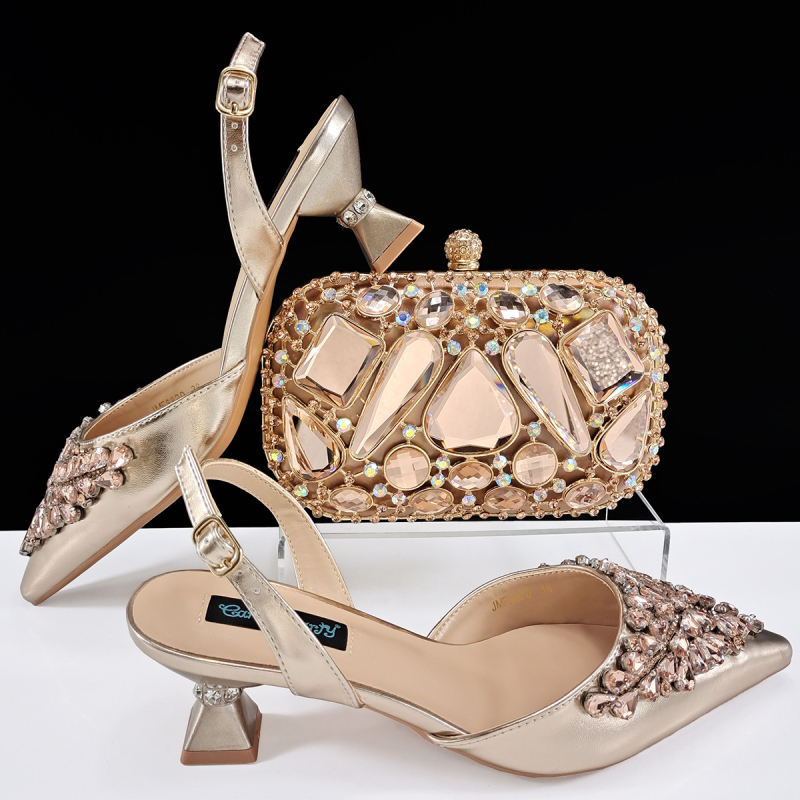 QueenYan Set clutch oglindă cu diamante și pantofi cu toc pentru femei — vârf ascuțit, partea superioară PU, toc 6–8 cm, talpă din cauciuc