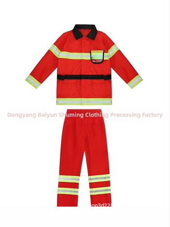 Detský predvádzací hasičský kostým na vystúpenie - 100% polyester, jemné spracovanie tkaniva, bezpečnostná trieda B, pre deti 3–8 rokov