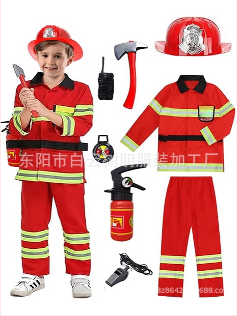 Detský predvádzací hasičský kostým na vystúpenie - 100% polyester, jemné spracovanie tkaniva, bezpečnostná trieda B, pre deti 3–8 rokov