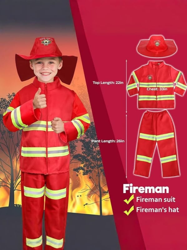 Costum pentru copii pentru spectacol de pompieri - 100% poliester, tratament moale al țesăturii, siguranță clasa B, pentru copii 3–8 ani