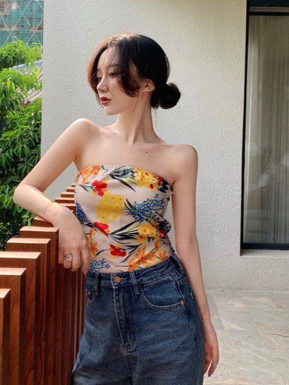 Top fără bretele, croială slim, imprimeu cu flori rupte, poliester, design inspirat de Dalí