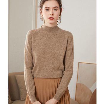 Moteriškas kašmirinis džemperis su gobtuvu — pusaukštas kaklas, laisvas kirpimas, ilgos rankovės