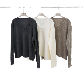 Pulover tricotat cu insertii de dantela, decolteu în V, mâneci lungi, amestec Tencel-cashmere-lână, stil japonez-coreean casual