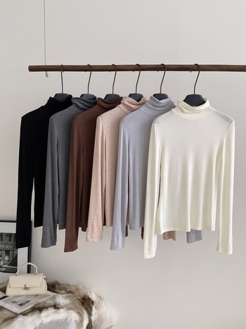 Kašmyro–Modal–Tencelo megztinis su aukštu kaklu, ilgomis rankovėmis, vidutinio storio, mezginys su penkiais adatų ir trim siūlais — japonų-korejiečių laisvalaikio stilius