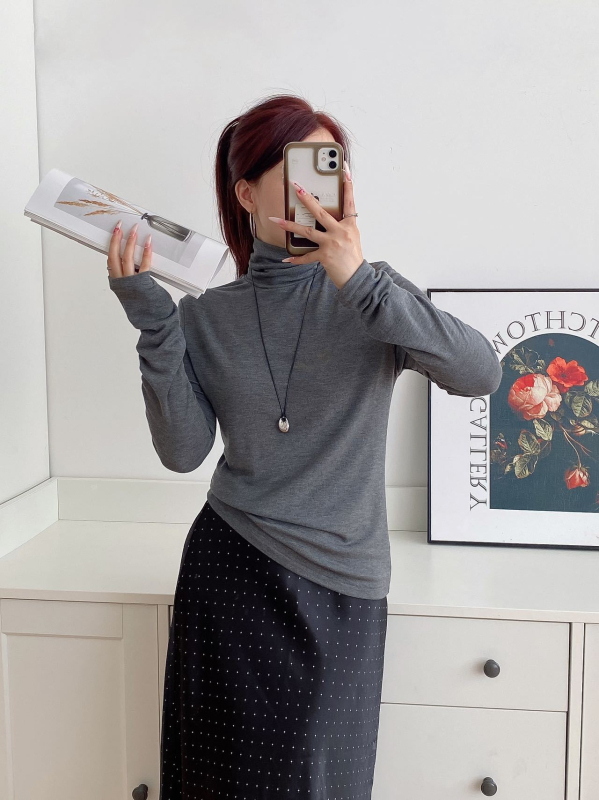 Kašmyro–Modal–Tencelo megztinis su aukštu kaklu, ilgomis rankovėmis, vidutinio storio, mezginys su penkiais adatų ir trim siūlais — japonų-korejiečių laisvalaikio stilius