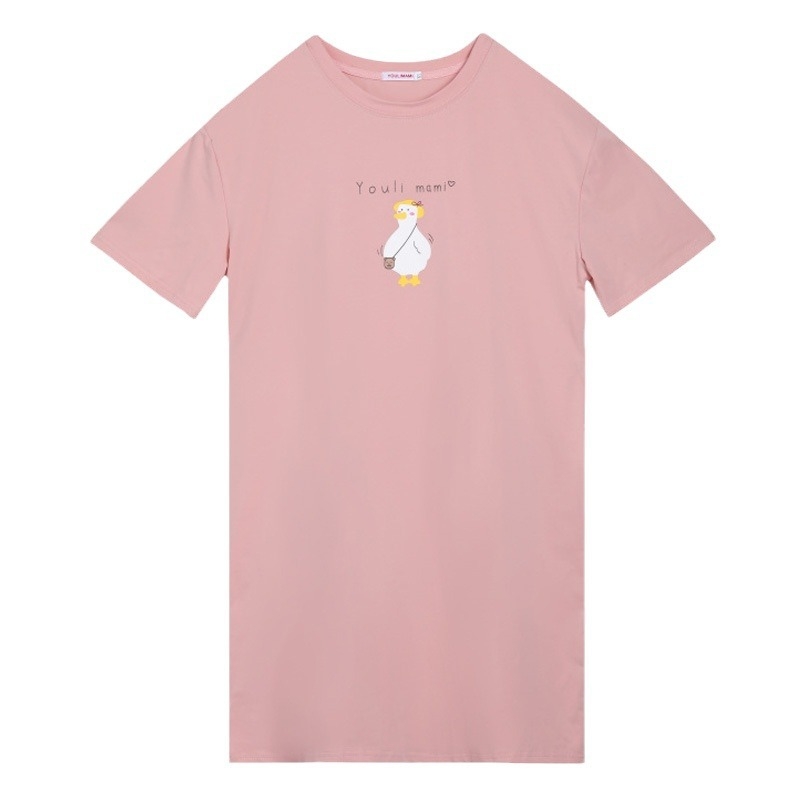 Žindymo suknelė su žindymo atvartu, trumpomis rankovėmis, apvalia kaklo linija, vidutinio ilgio, poliesterio audinys su karikatūrų spauda