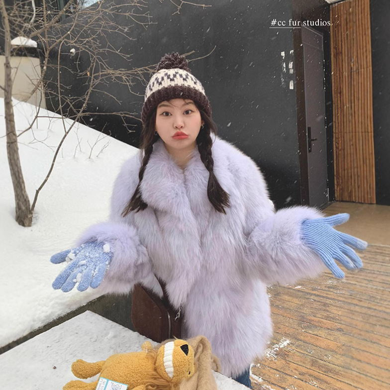 Palton damă din blană artificială de vulpe, ecologic, lungime medie, mâneci lungi, stil de iarnă