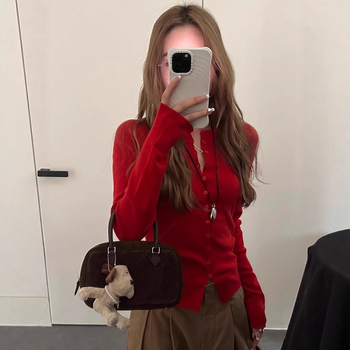 Cardigan tricotat în stil coreean pentru femei, croială slim, cu glugă, mâneci lungi, model solid (Materiale: acrilic + poliester; Model: monocrom; Guler: rotund; Sezon: toamnă 2025)