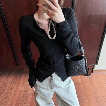 Cardigan tricotat în stil coreean pentru femei, croială slim, cu glugă, mâneci lungi, model solid (Materiale: acrilic + poliester; Model: monocrom; Guler: rotund; Sezon: toamnă 2025)