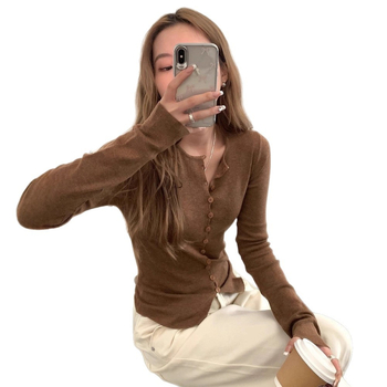 Cardigan tricotat în stil coreean pentru femei, croială slim, cu glugă, mâneci lungi, model solid (Materiale: acrilic + poliester; Model: monocrom; Guler: rotund; Sezon: toamnă 2025)