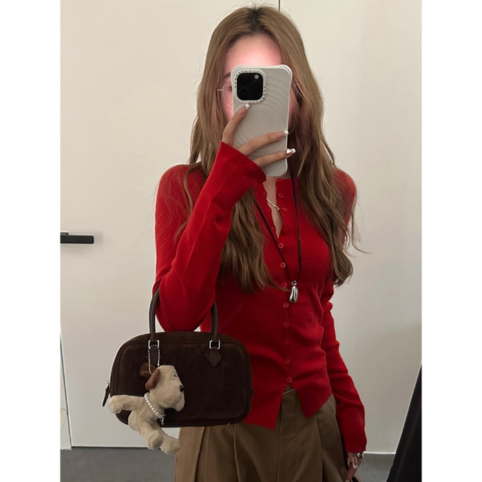 Cardigan tricotat în stil coreean pentru femei, croială slim, cu glugă, mâneci lungi, model solid (Materiale: acrilic + poliester; Model: monocrom; Guler: rotund; Sezon: toamnă 2025)