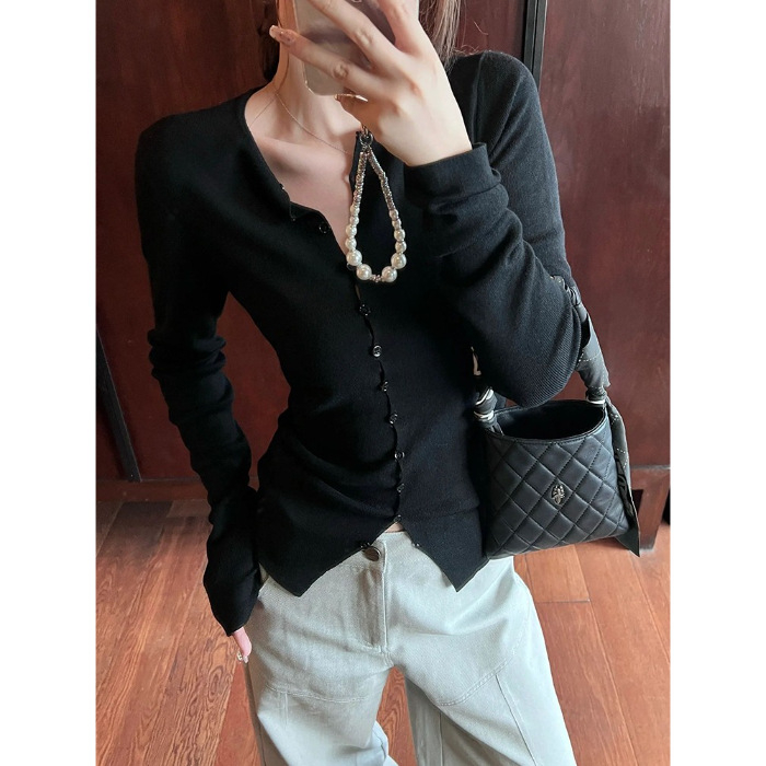 Cardigan tricotat în stil coreean pentru femei, croială slim, cu glugă, mâneci lungi, model solid (Materiale: acrilic + poliester; Model: monocrom; Guler: rotund; Sezon: toamnă 2025)