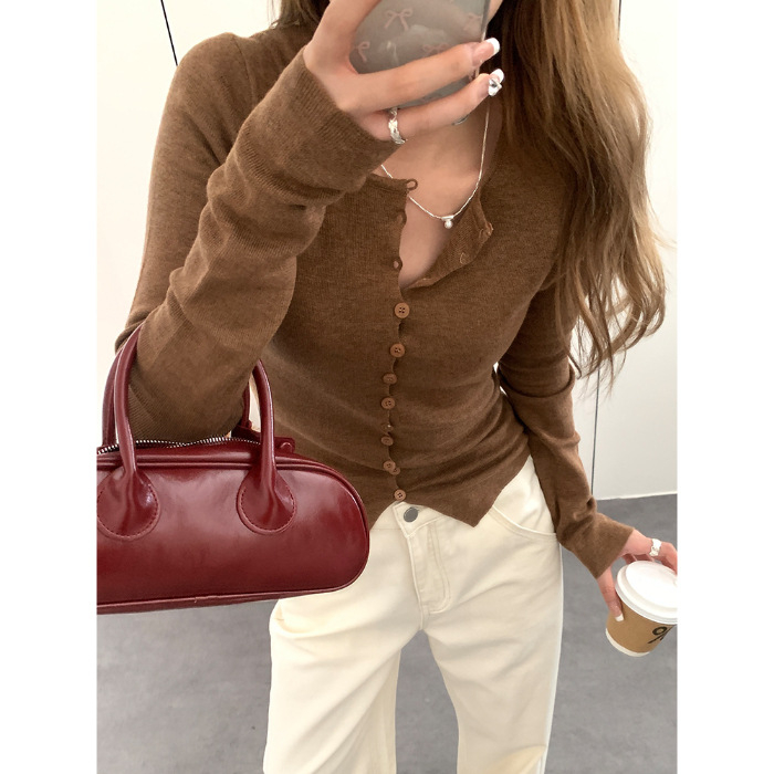 Cardigan tricotat în stil coreean pentru femei, croială slim, cu glugă, mâneci lungi, model solid (Materiale: acrilic + poliester; Model: monocrom; Guler: rotund; Sezon: toamnă 2025)