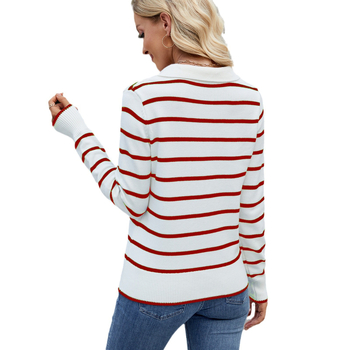 Női csíkos polo galléros pulóver, 3/4 ujjú, lazán szabott, akril anyag, tavasz 2025