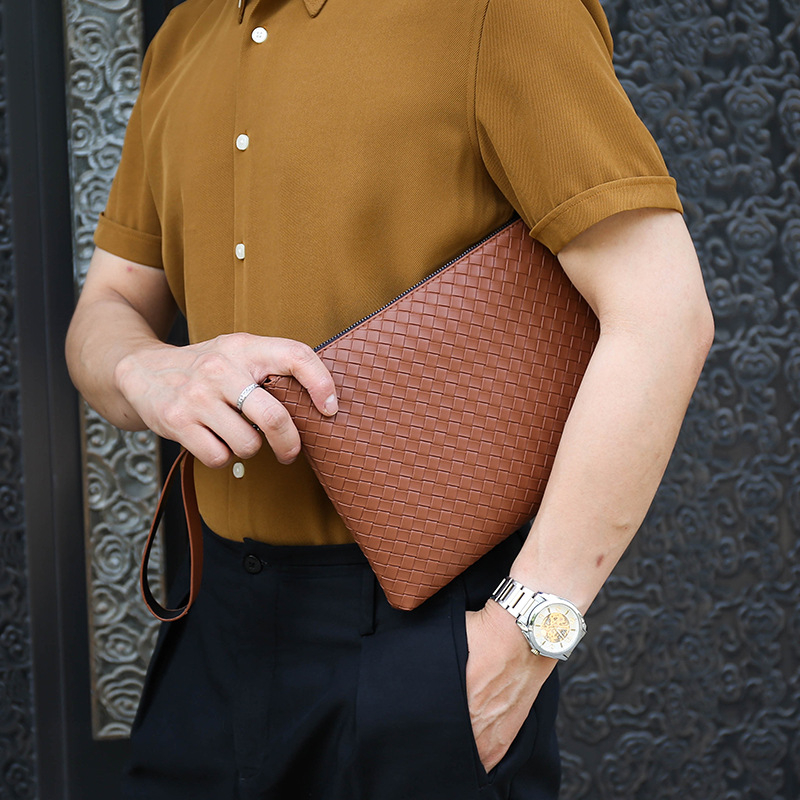 Geantă clutch pentru bărbați – design împletit, piele PU, rezistență la uzură, capacitate mare, căptușeală din piele sintetică