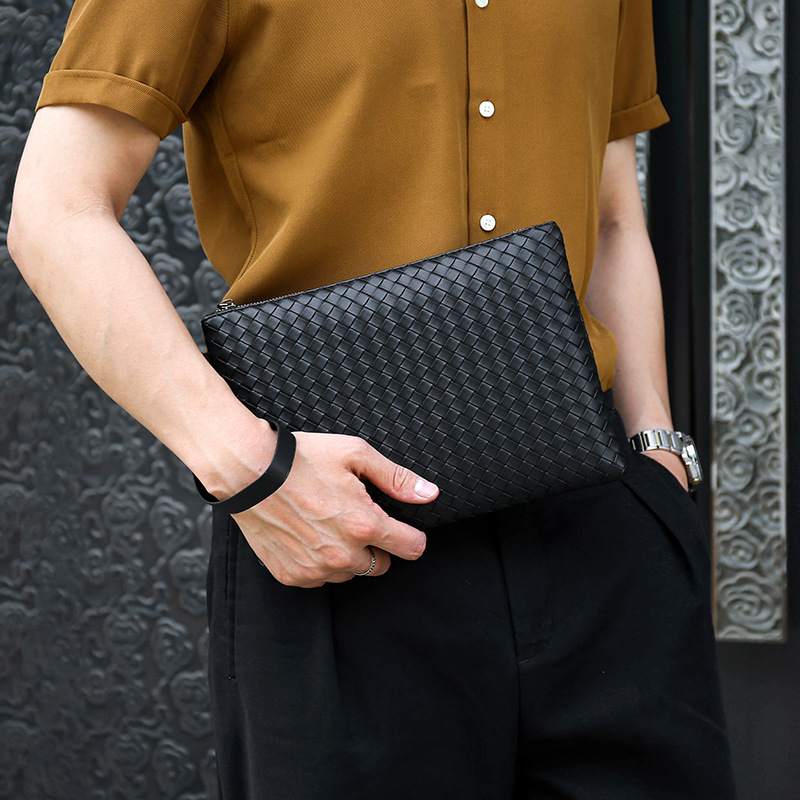 Geantă clutch pentru bărbați – design împletit, piele PU, rezistență la uzură, capacitate mare, căptușeală din piele sintetică