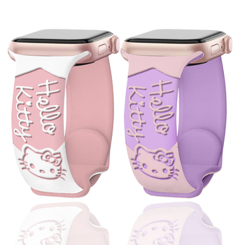 Brățară din silicon pentru Apple Watch, gravură cu laser, design bicolor cu pisică și cataramă în formă de fluture