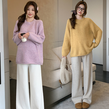 Nėščiosioms skirtas topas, korėjietiško stiliaus, kasdieniai su gobtuvu, laisvo kirpimo, ilgomis rankovėmis, apvaliu kaklu, vienos spalvos megztinis (akrilas 30–50%, poliesteris 30–50%)