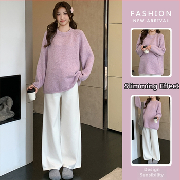 Nėščiosioms skirtas topas, korėjietiško stiliaus, kasdieniai su gobtuvu, laisvo kirpimo, ilgomis rankovėmis, apvaliu kaklu, vienos spalvos megztinis (akrilas 30–50%, poliesteris 30–50%)