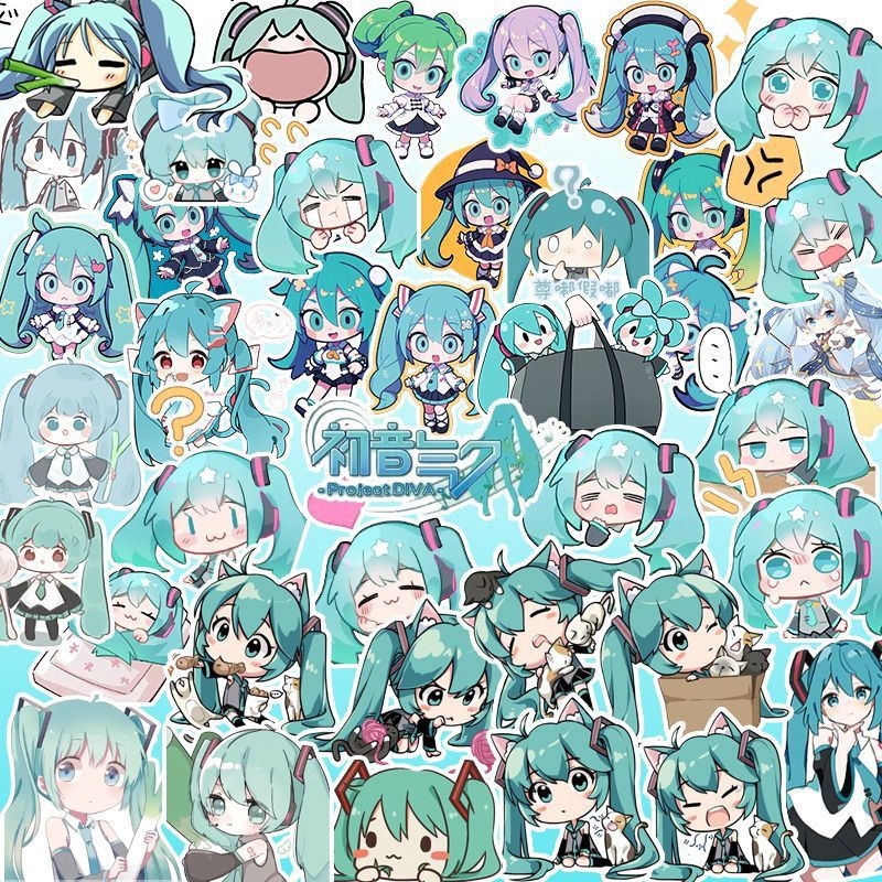 Lipdukų rinkinys Hatsune Miku – piešinio stilius, 100 vnt. aukštos raiškos unikalūs dizainai dekoruoti telefoną, iPad ir kompiuteriui