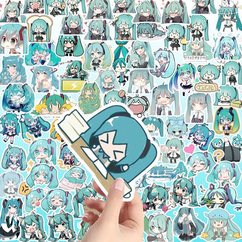 Lipdukų rinkinys Hatsune Miku – piešinio stilius, 100 vnt. aukštos raiškos unikalūs dizainai dekoruoti telefoną, iPad ir kompiuteriui