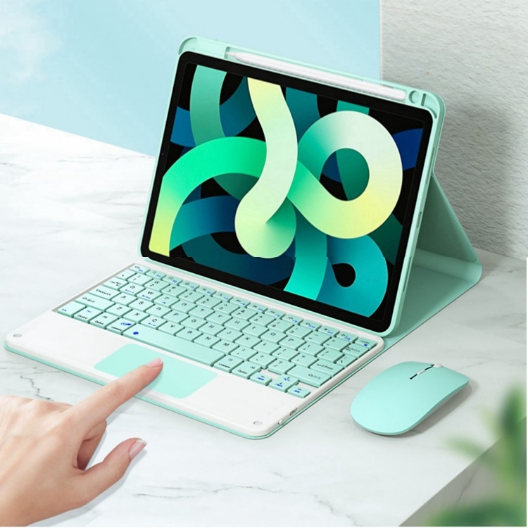 Bluetooth klaviatūros dėklas su lietimui skirta plokšte ir pieštuko kišete; Medžiaga: silikonas, odos įspūdžio dizainas, šilumos sklaida, atsparumas dėvėjimuisi, kritimo atsparumas