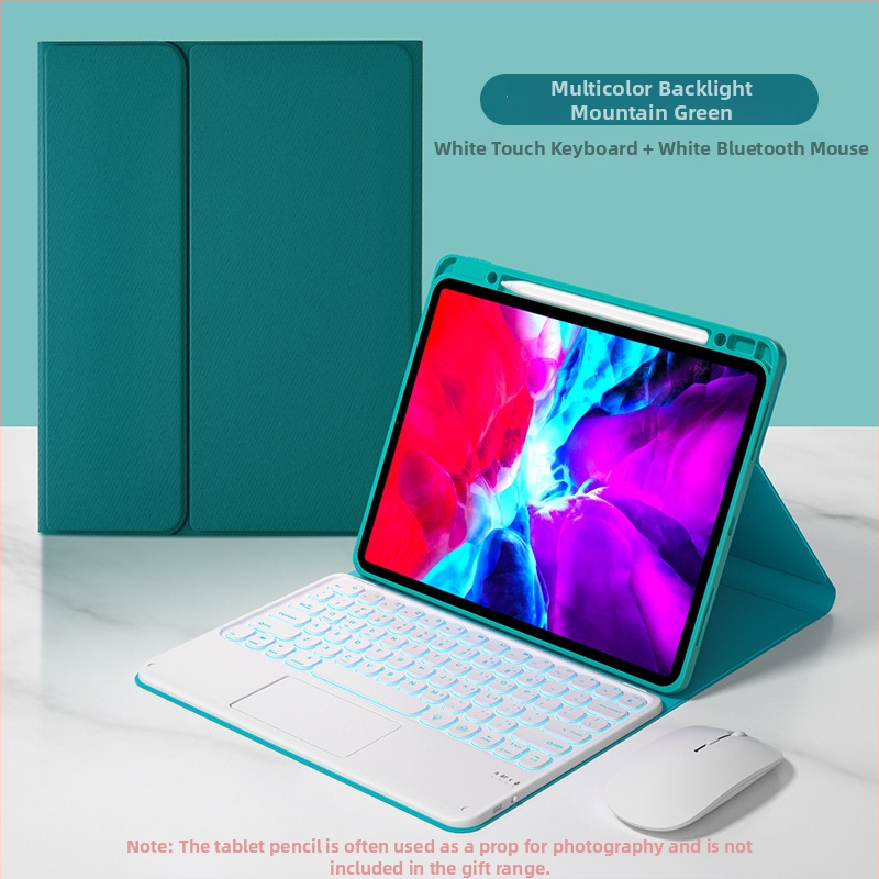 Bluetooth klaviatūros dėklas su lietimui skirta plokšte ir pieštuko kišete; Medžiaga: silikonas, odos įspūdžio dizainas, šilumos sklaida, atsparumas dėvėjimuisi, kritimo atsparumas