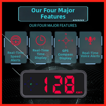 Automašīnas HUD ekrāns ar skaņas brīdinājumiem par radar detektoru, GPS kompasu un ātruma mērītāju; Modelis V12, ABS, USB barošana, svars 120 g
