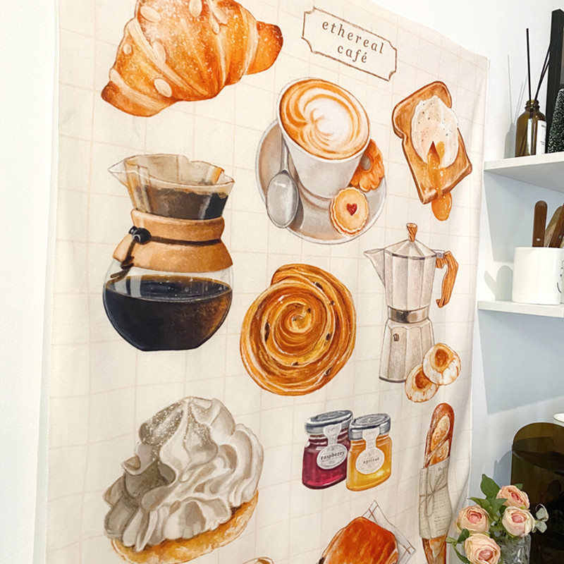 Zidna tapiserija – motiv doručak i kafa, pravokutna poliester tkanina, digitalni termotransfer tisak, moderni minimalistički stil