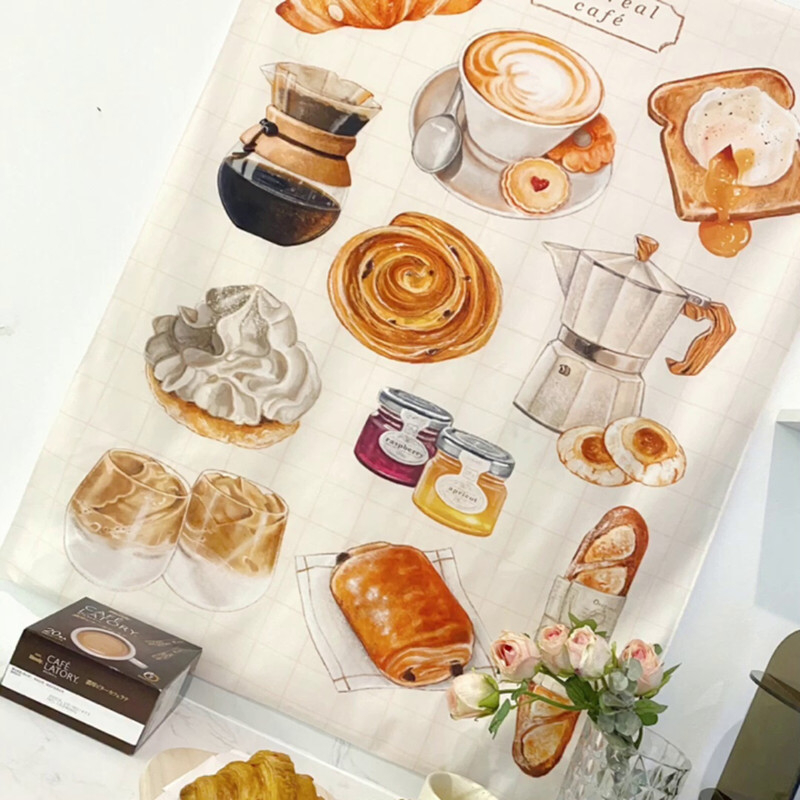 Zidna tapiserija – motiv doručak i kafa, pravokutna poliester tkanina, digitalni termotransfer tisak, moderni minimalistički stil