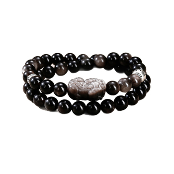 Brățară din obsidian cu strat dublu, argint 999, motto cu șase caractere, design unisex