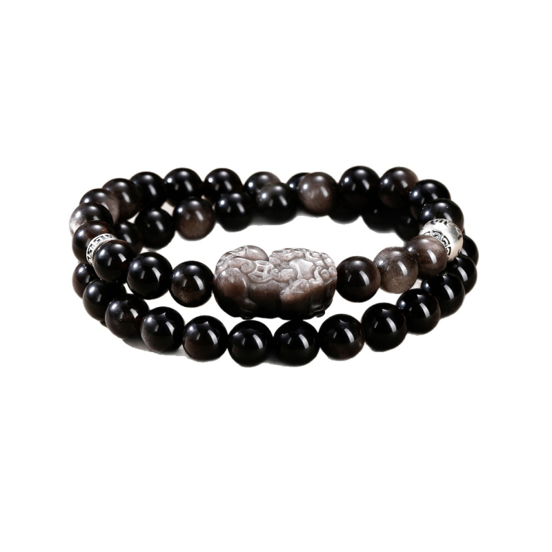 Brățară din obsidian cu strat dublu, argint 999, motto cu șase caractere, design unisex