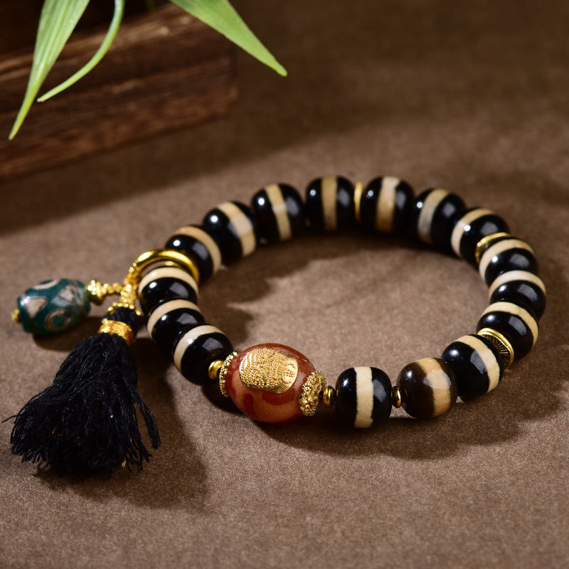 Brățară Dzi cu incrustare de argint 925, mărgele de agat, mărgele Buddha pe un singur șir, unisex, stil sofisticat