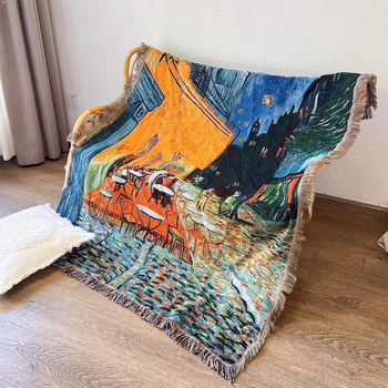 Tapiserie nordică inspirată de Vincent van Gogh pentru canapea, dreptunghiulară, peisaj, țesută la mașină, 60% poliester / 40% bumbac, lavabilă la mașină