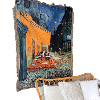 Tapiserie nordică inspirată de Vincent van Gogh pentru canapea, dreptunghiulară, peisaj, țesută la mașină, 60% poliester / 40% bumbac, lavabilă la mașină