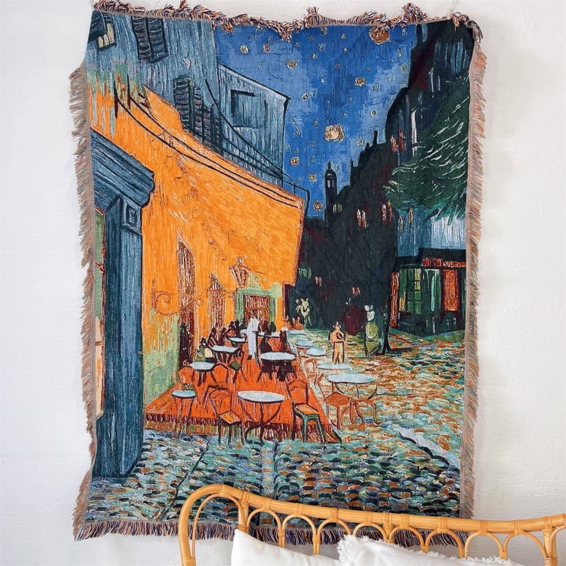 Tapiserie nordică inspirată de Vincent van Gogh pentru canapea, dreptunghiulară, peisaj, țesută la mașină, 60% poliester / 40% bumbac, lavabilă la mașină