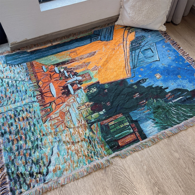 Tapiserie nordică inspirată de Vincent van Gogh pentru canapea, dreptunghiulară, peisaj, țesută la mașină, 60% poliester / 40% bumbac, lavabilă la mașină